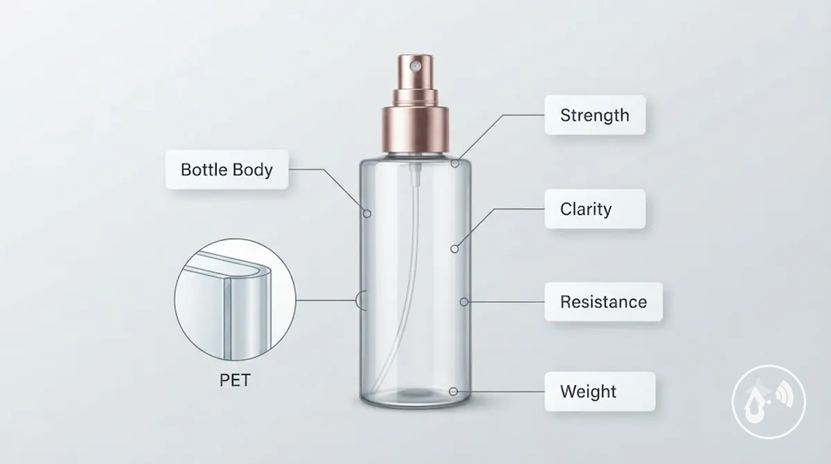 Continuous mist spray bottle body showing material construction features