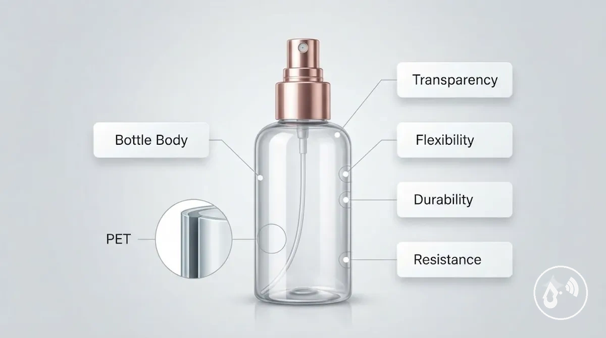 Continuous mist spray bottle showing transparent body material properties