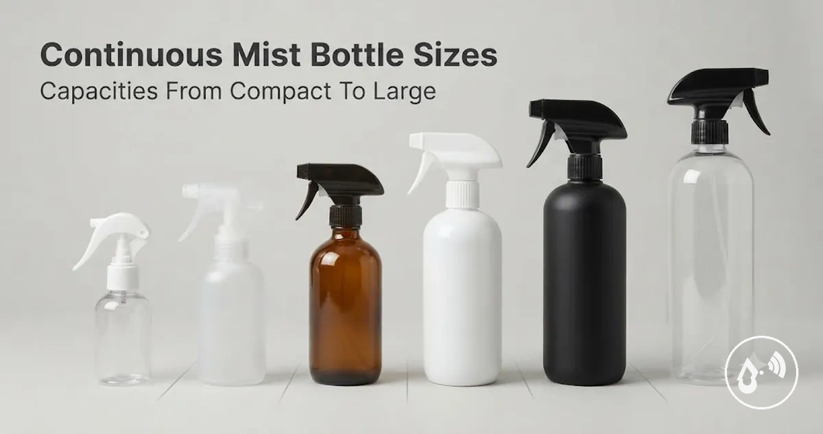 Continuous mist spray bottles arranged from compact to large capacity sizes