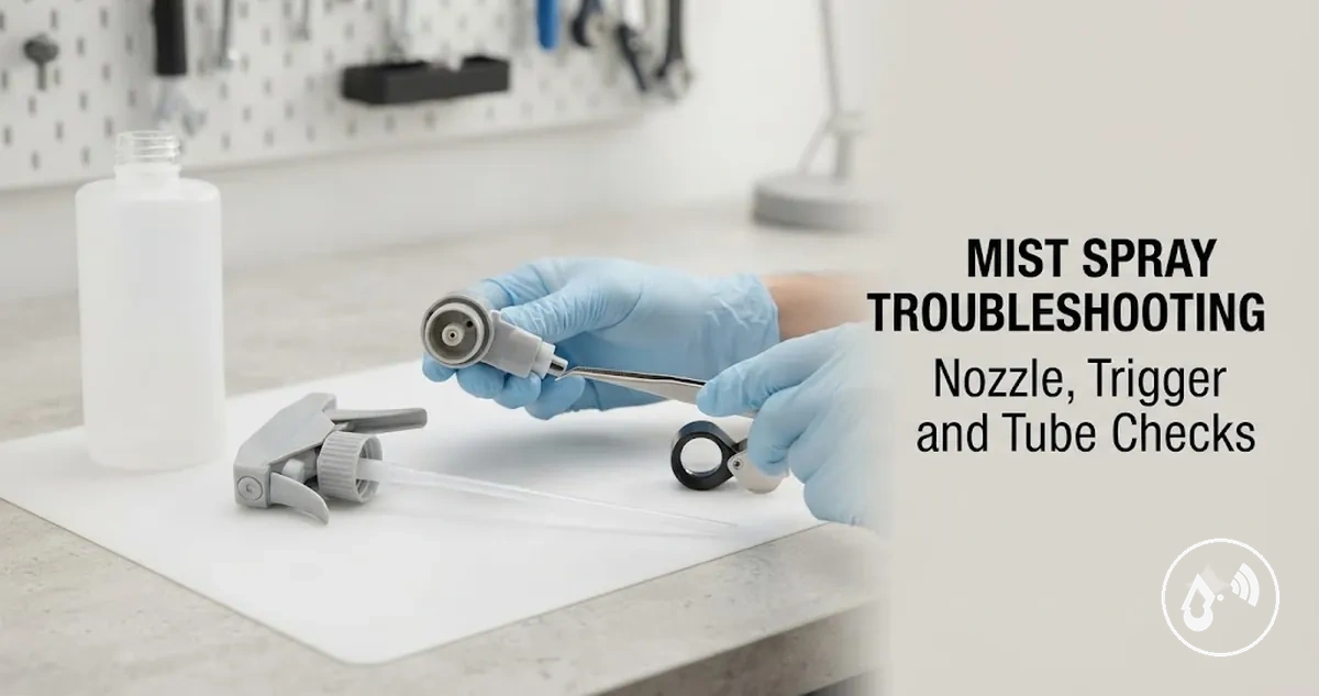 Continuous mist spray bottle nozzle, trigger and dip tube inspected for a spraying problem