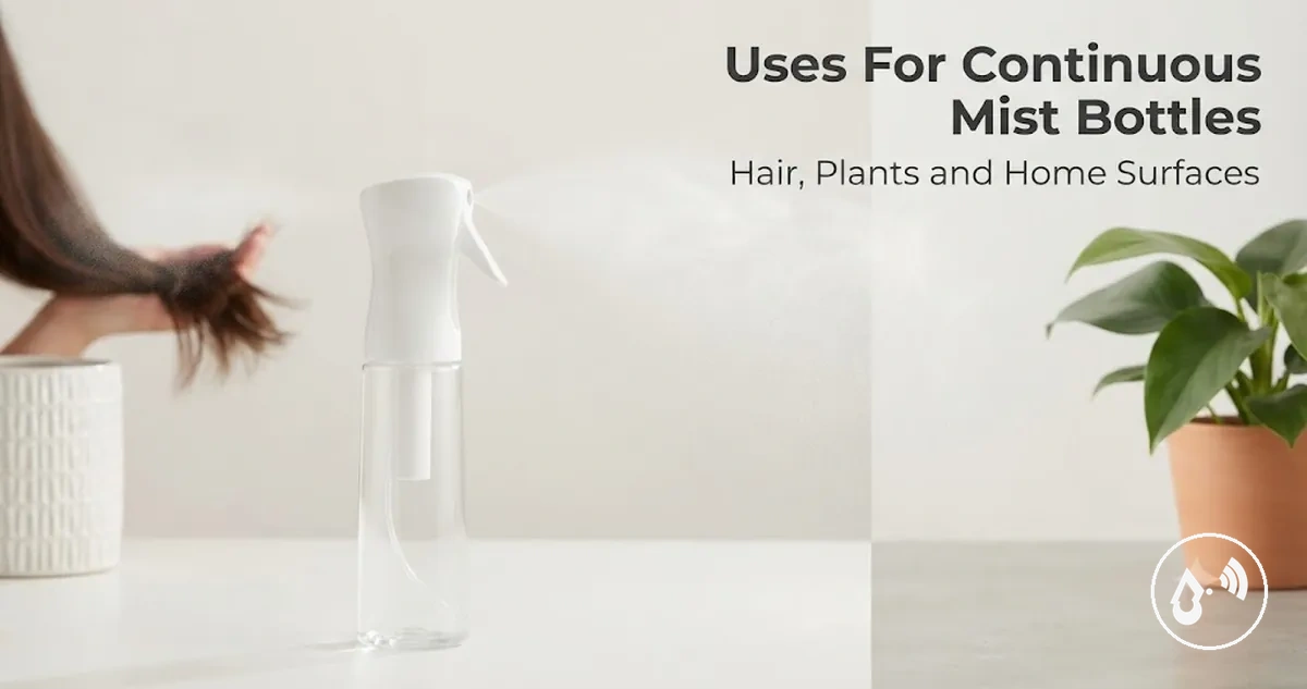 Continuous mist spray bottle being used for hair care, plants and household surfaces