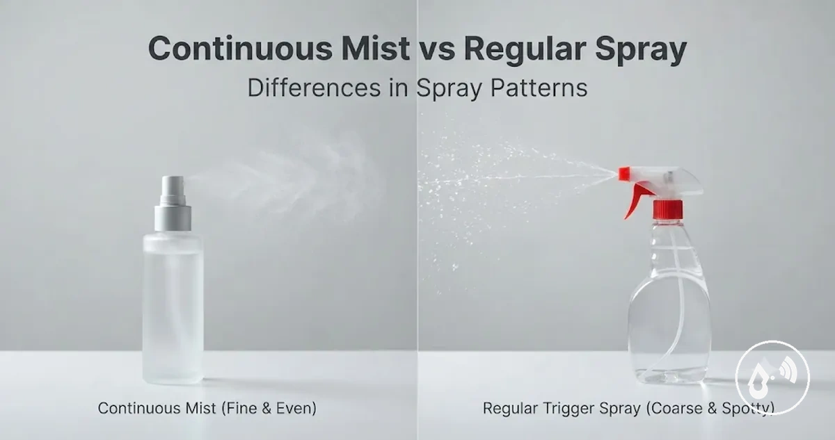 Continuous mist spray bottle beside a regular trigger spray bottle with different spray patterns