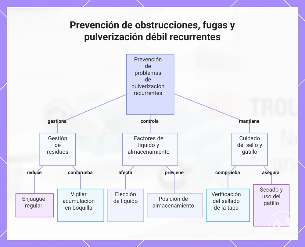 Prevención de obstrucciones, fugas y pulverización débil recurrentes