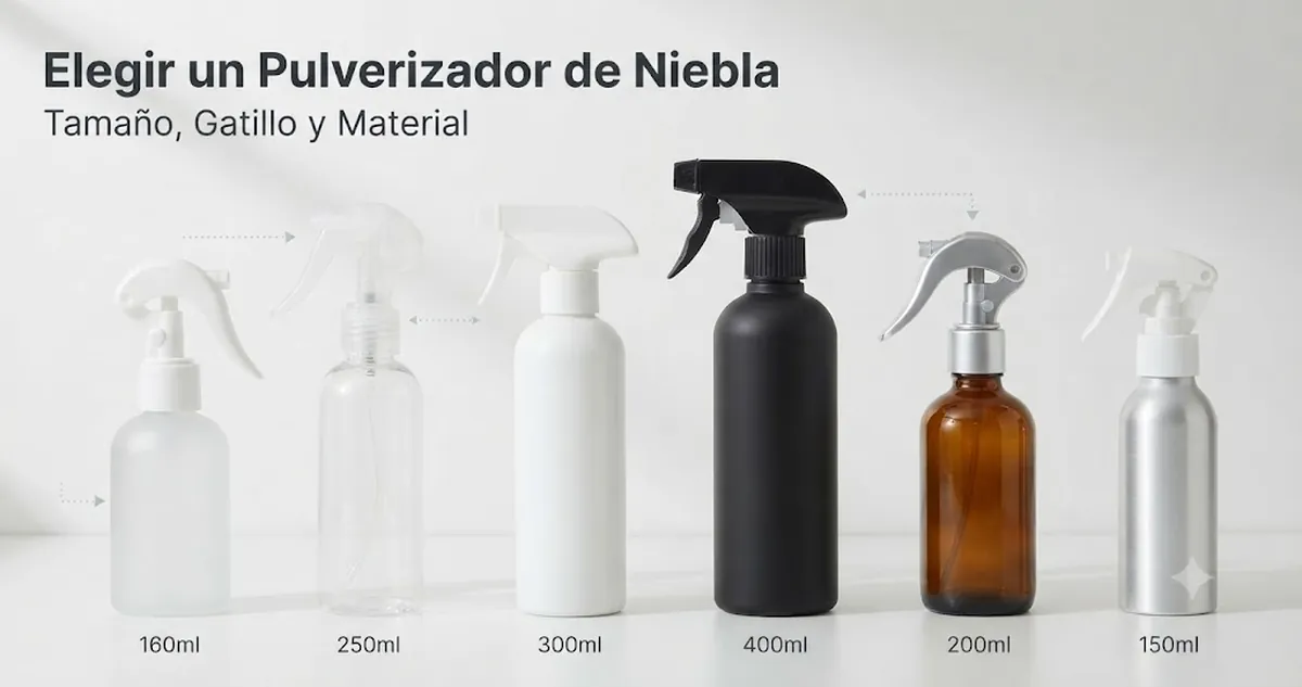 Varios pulverizadores de niebla continua comparados por tamaño, forma del gatillo y material
