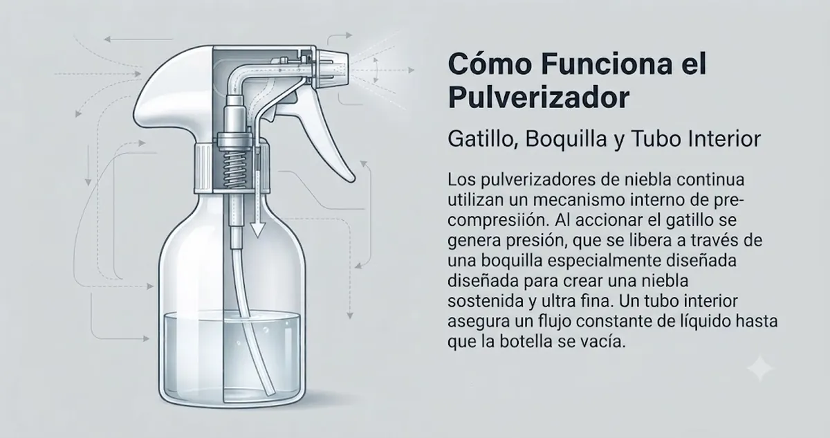 Vista seccionada del gatillo, la boquilla y el tubo interior de un pulverizador de niebla continua