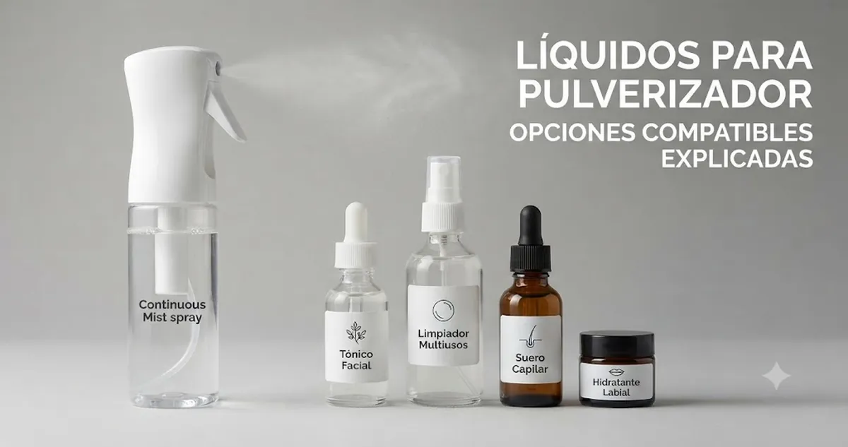 Pulverizador de niebla continua junto a varios recipientes de líquidos compatibles bien identificados