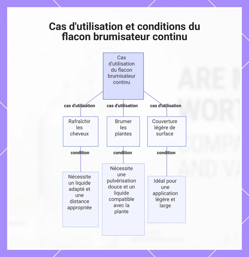 Cas d'utilisation et conditions du flacon brumisateur continu