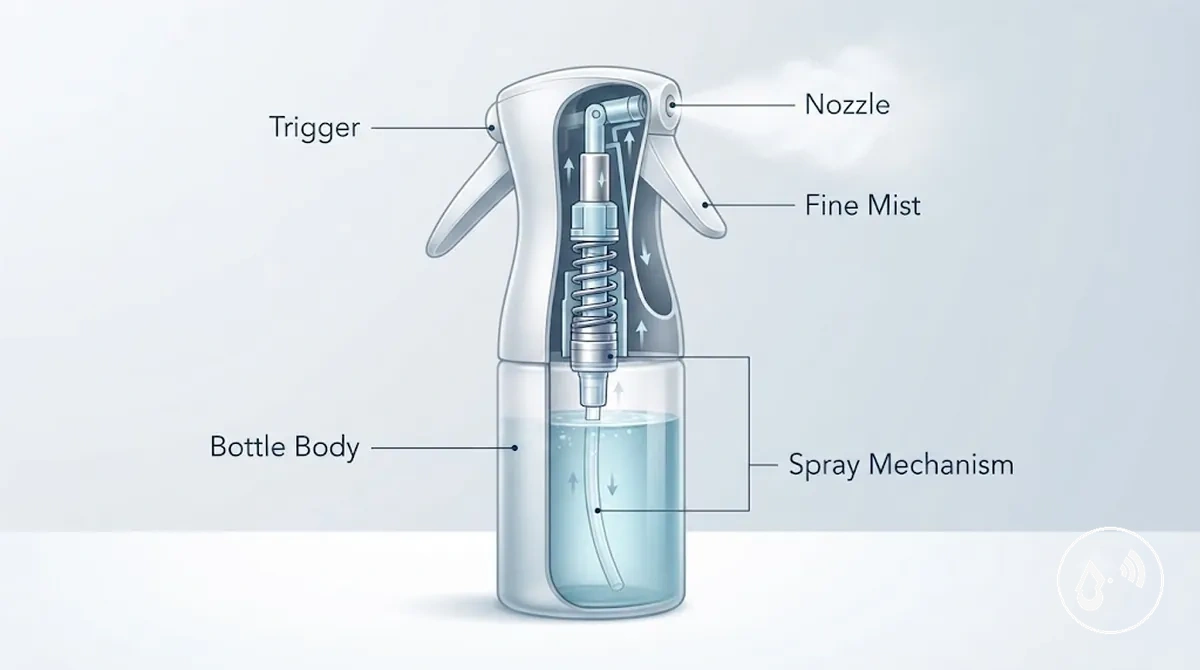 Vaporisateur à brume continue montrant la gâchette, la buse et la conception de la pulvérisation en fine brume