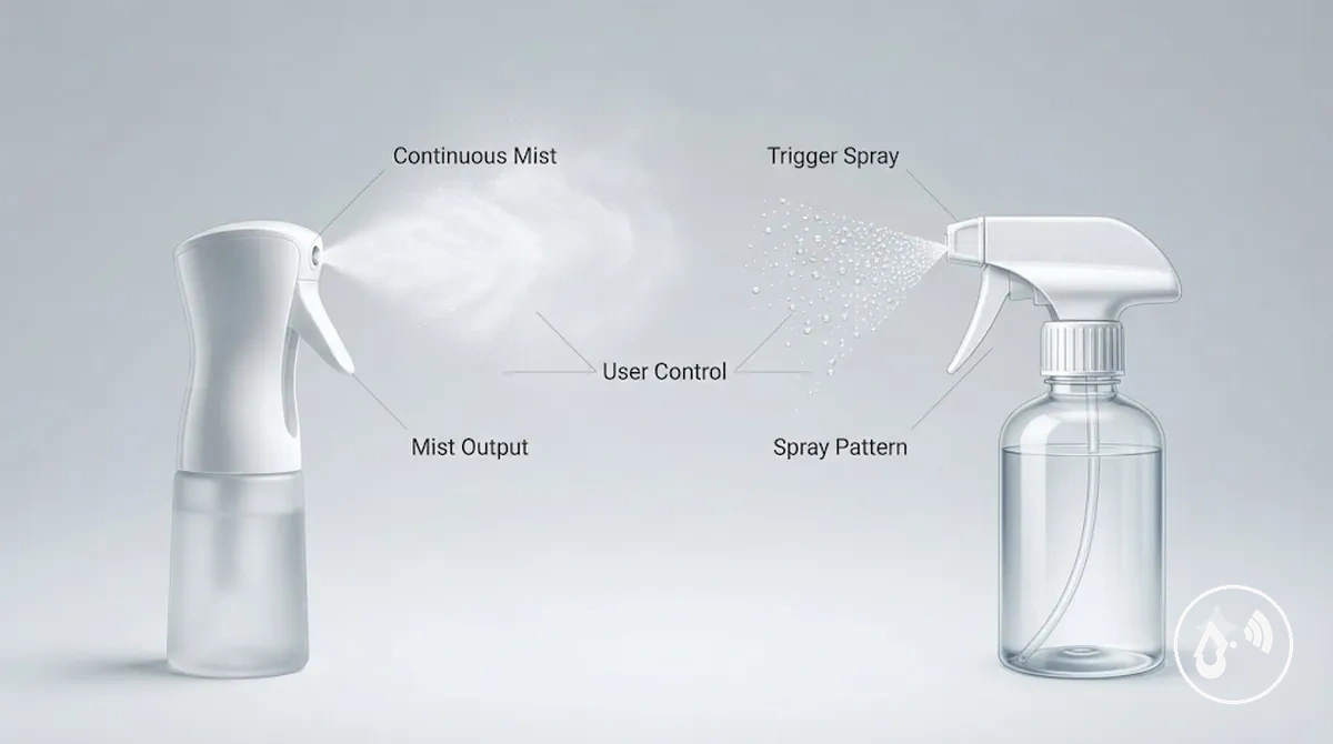 Comparaison des motifs de sortie entre un vaporisateur à brume continue et un pulvérisateur classique