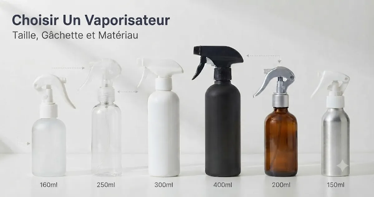 Plusieurs vaporisateurs à brume continue comparés par taille, forme de gâchette et matériau