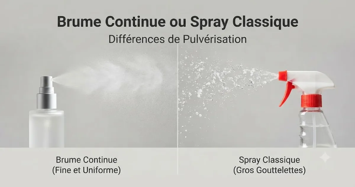 Vaporisateur à brume continue à côté d’un pulvérisateur classique avec des jets différents