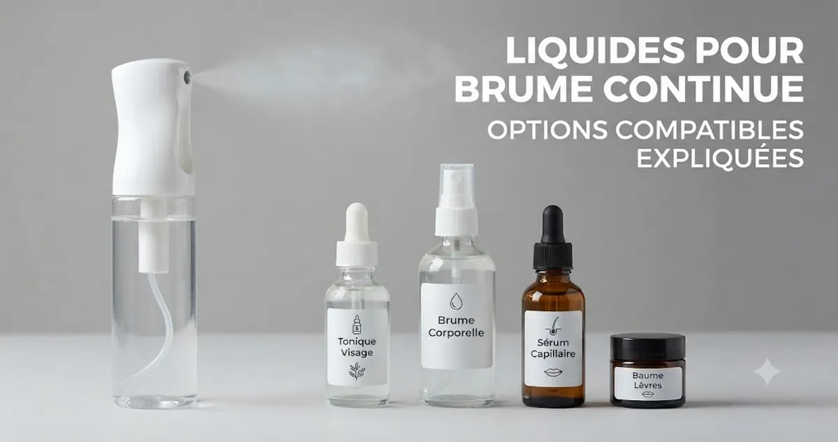 Vaporisateur à brume continue placé près de récipients clairement étiquetés contenant des liquides compatibles