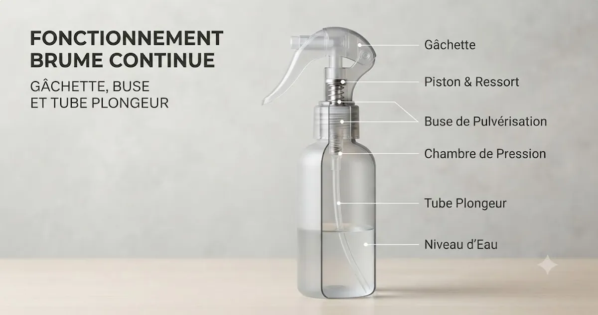Vue en coupe d’un vaporisateur à brume continue avec gâchette, buse et tube plongeur