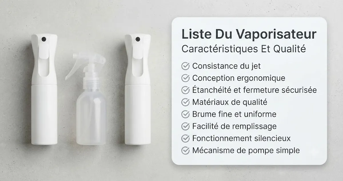 Vaporisateurs à brume continue disposés près d’une liste de caractéristiques et de critères de qualité