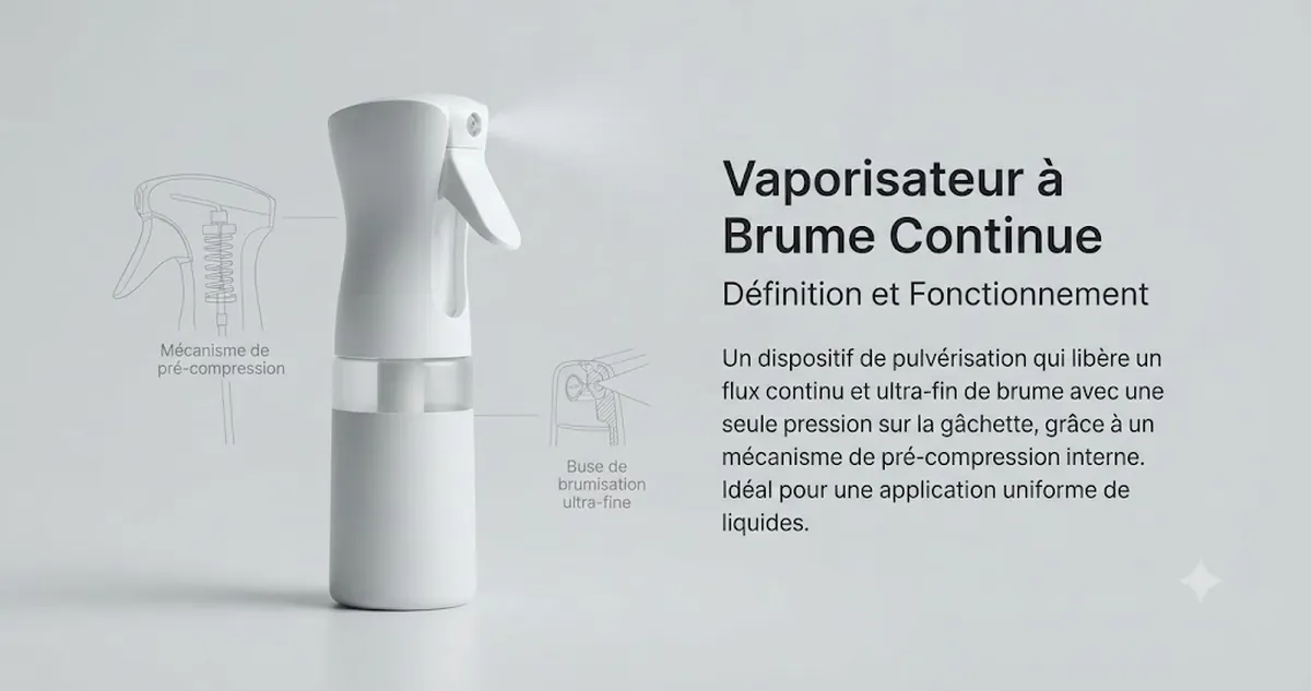 Vaporisateur à brume continue montrant le flacon, la gâchette et la buse à brume fine
