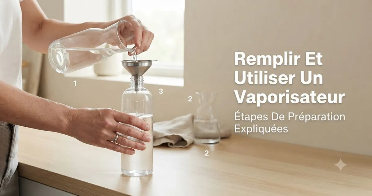 Mains remplissant et amorçant un vaporisateur à brume continue avant son utilisation