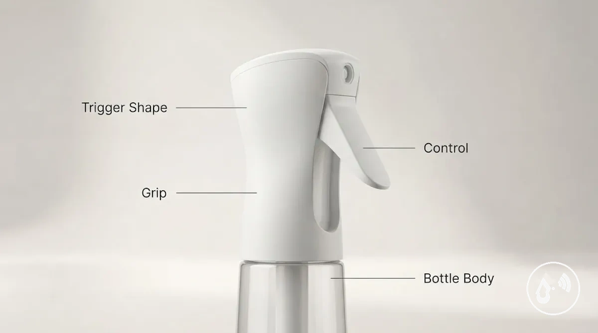 Design do gatilho e manuseio ergonômico de frasco com spray contínuo