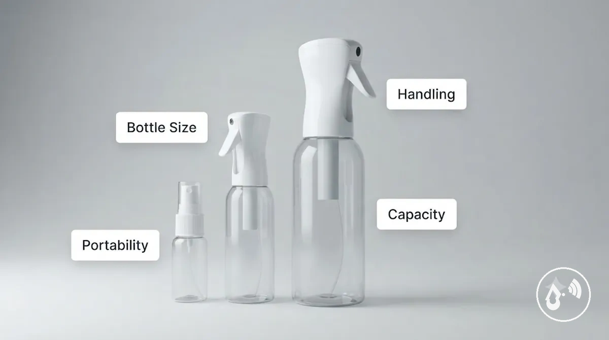 Tamanhos de frascos com spray contínuo e fatores de capacidade para seleção
