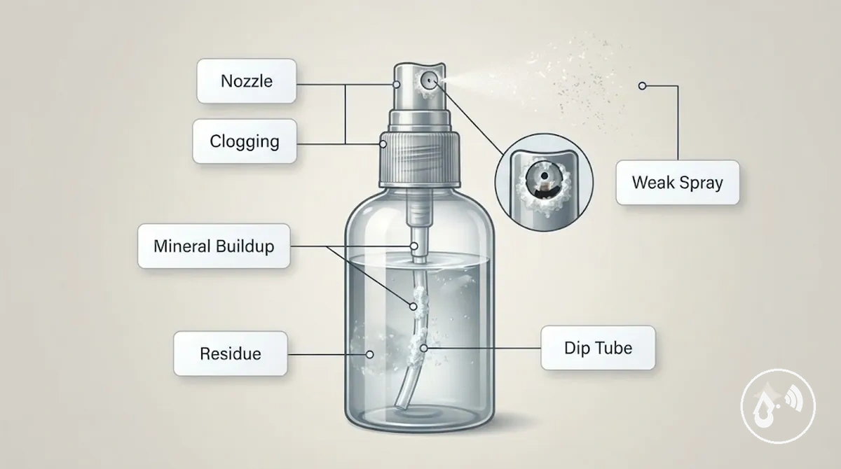 Frasco com spray contínuo mostrando acúmulo de resíduos e minerais ao redor dos componentes do spray