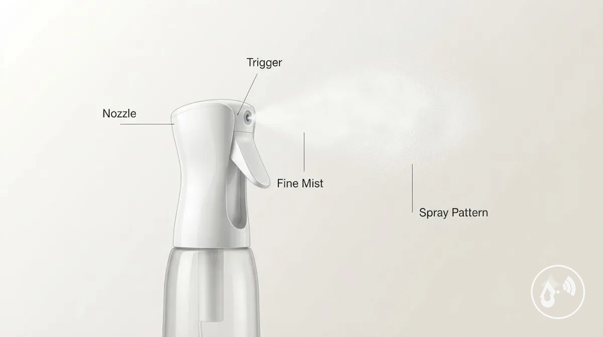 Frasco com spray contínuo mostrando características de pulverização de névoa fina