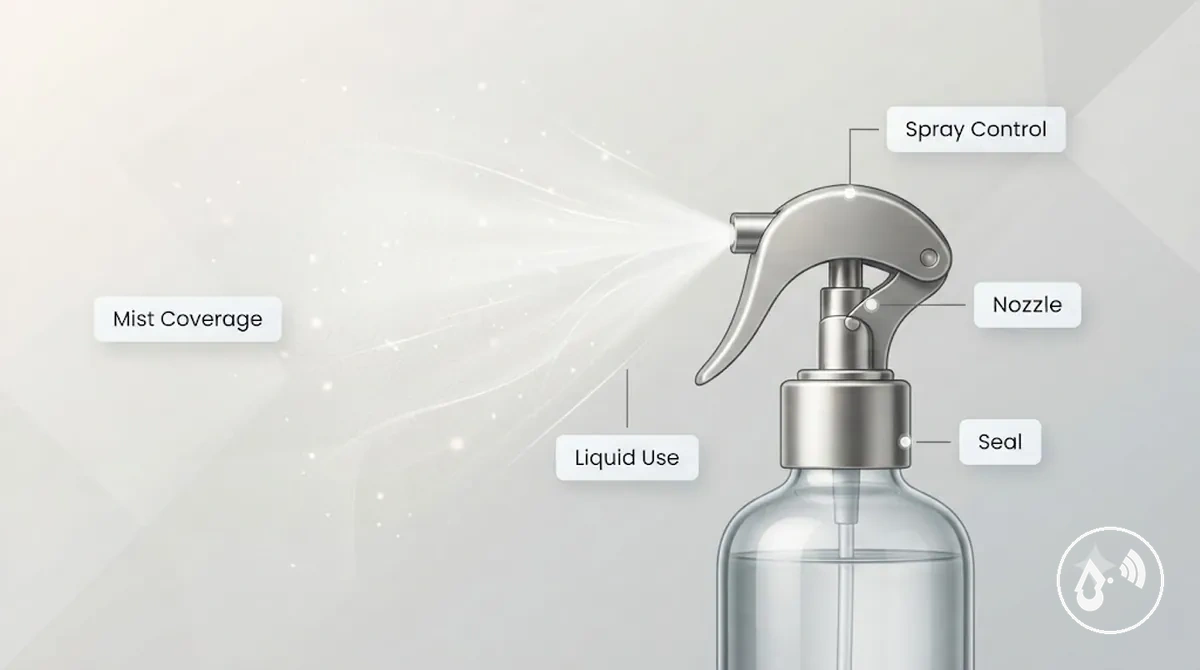 Cobertura da névoa, controle da pulverização e uso de líquido de um frasco com spray contínuo