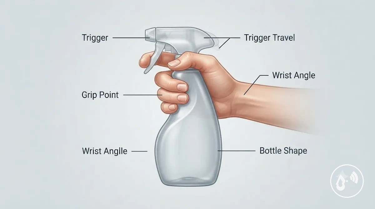 Mão segurando um frasco com spray contínuo mostrando ângulo de empunhadura do gatilho e posição do pulso