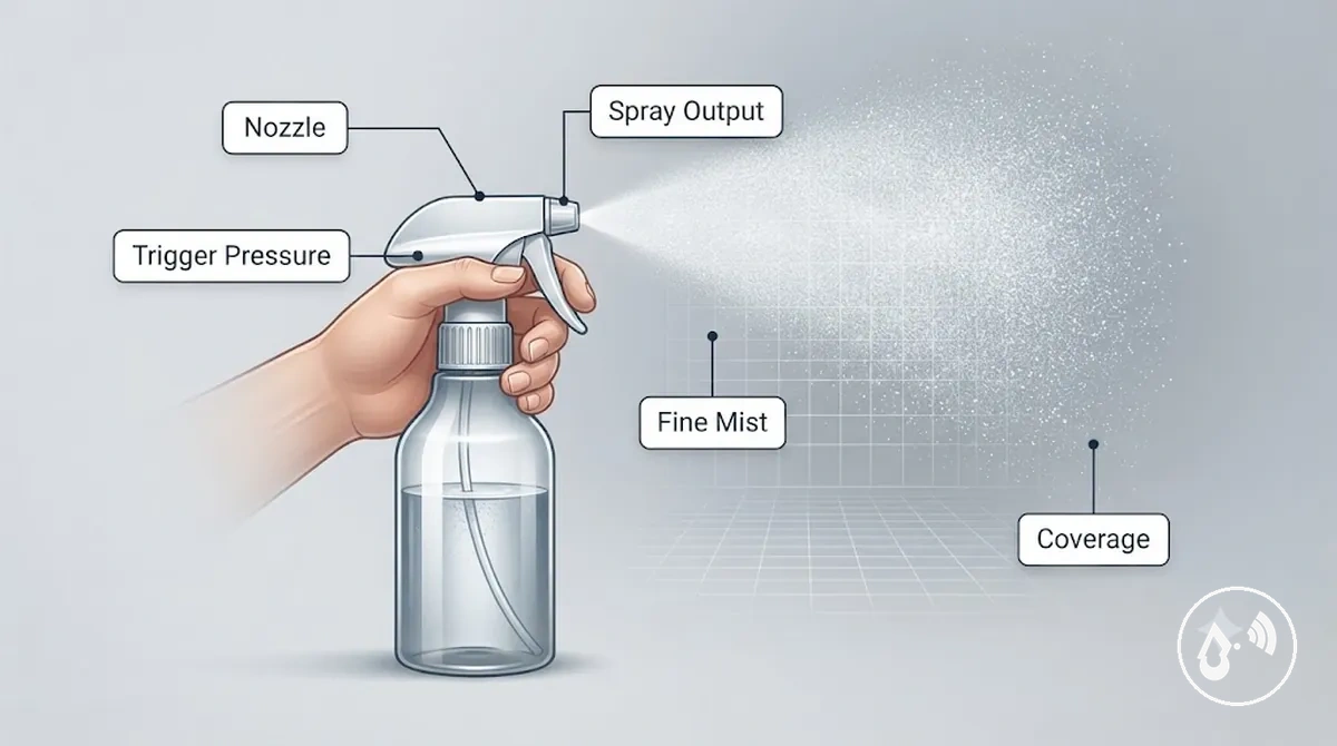 Frasco com spray contínuo mostrando padrão de névoa fina, gatilho, bico e pontos de verificação de cobertura