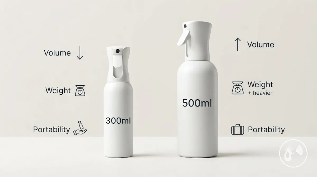 Comparação de dois tamanhos de capacidade de frascos com spray contínuo