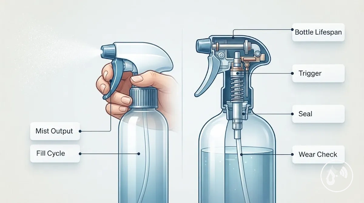 Frasco com spray contínuo mostrando a diferença entre duração do spray e vida útil do frasco