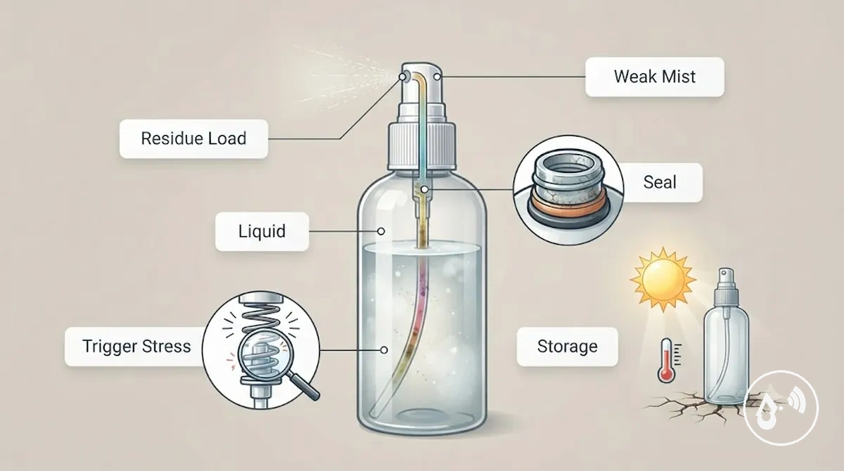 Frasco com spray contínuo mostrando fatores que podem influenciar a vida útil