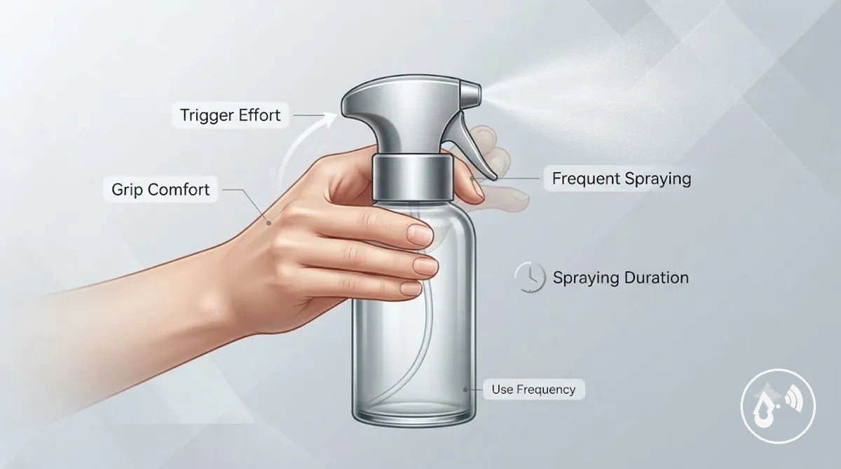 Mão usando um frasco com spray contínuo para demonstrar o esforço na borrifada repetida