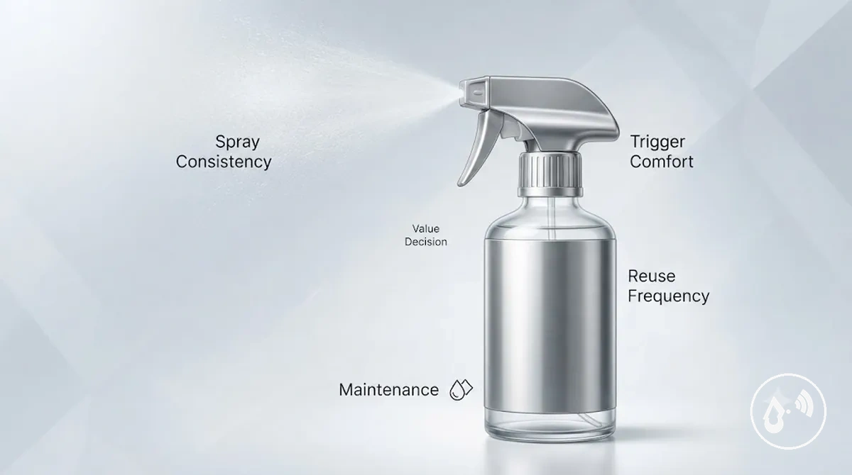 Fatores de valor do frasco com spray contínuo, incluindo consistência da pulverização e considerações sobre reutilização