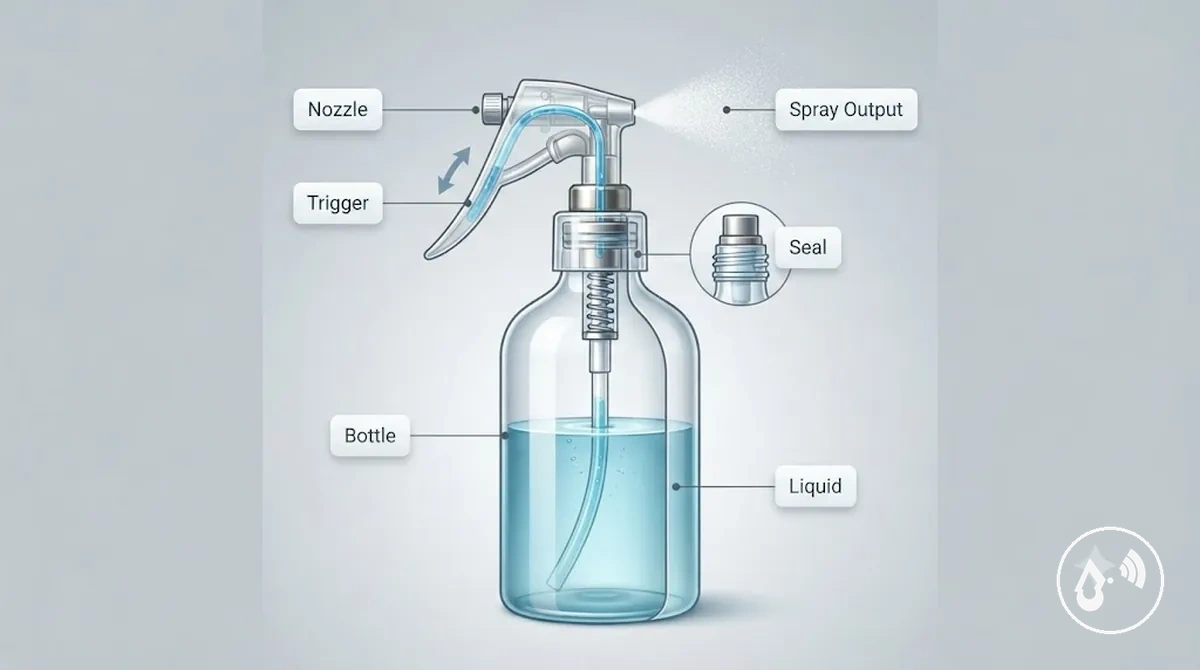 Visão geral das partes operacionais e do mecanismo de spray do frasco com spray contínuo