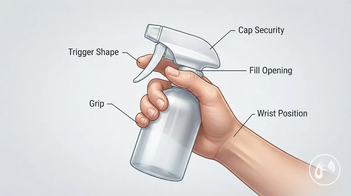 Mão segurando um frasco com spray contínuo mostrando empunhadura, formato do gatilho, posição do pulso e abertura de enchimento