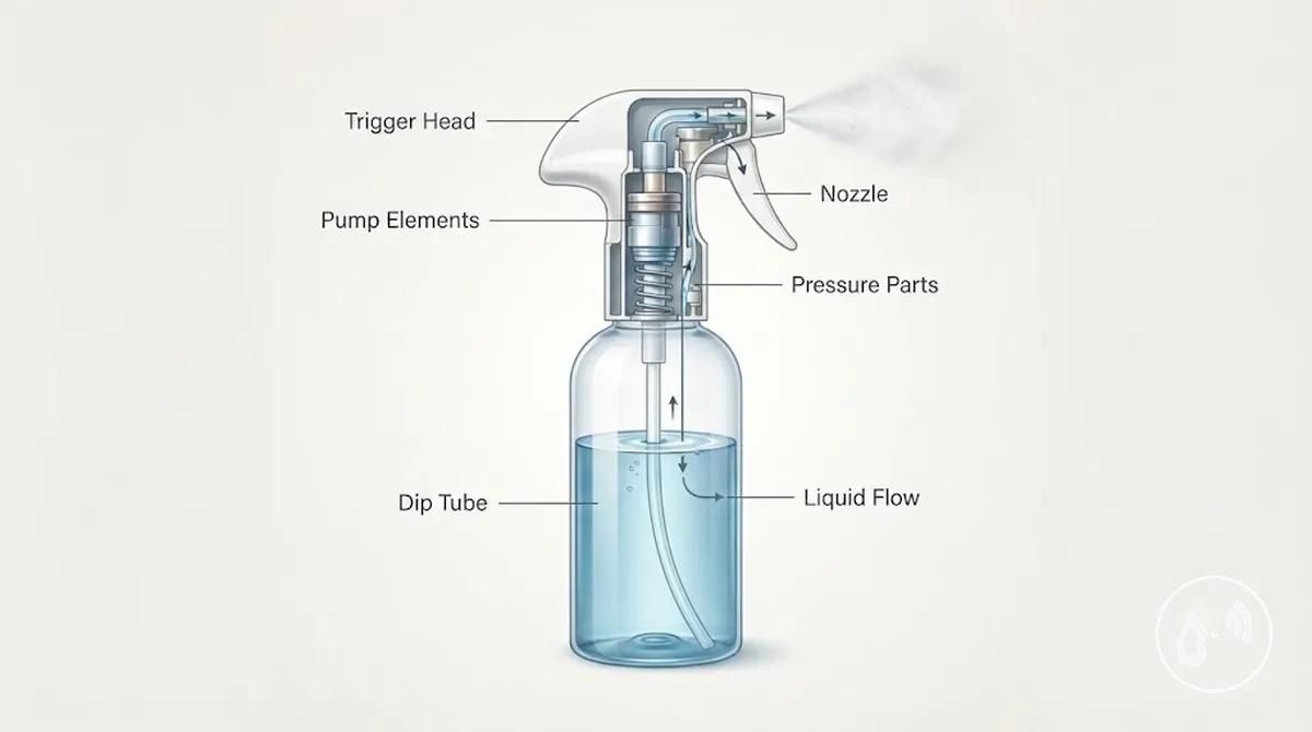 Partes internas de um frasco com spray contínuo mostrando a cabeça do gatilho, o bocal, o tubo de mergulho e os componentes de pressão