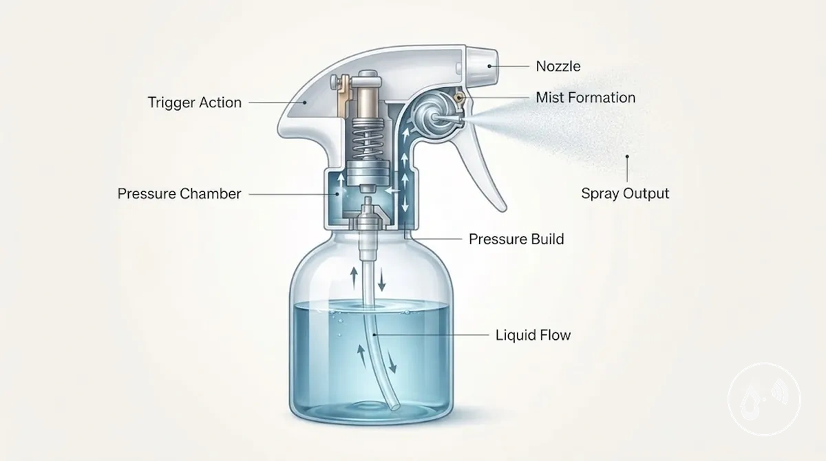 Mecanismo de pré-compressão mostrando câmara de pressão e atomização pelo bocal em um frasco com spray contínuo