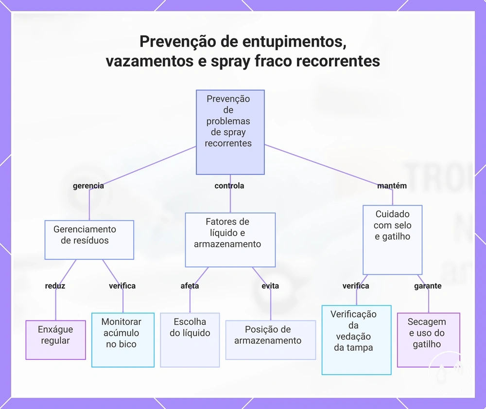 Prevenção de entupimentos, vazamentos e spray fraco recorrentes