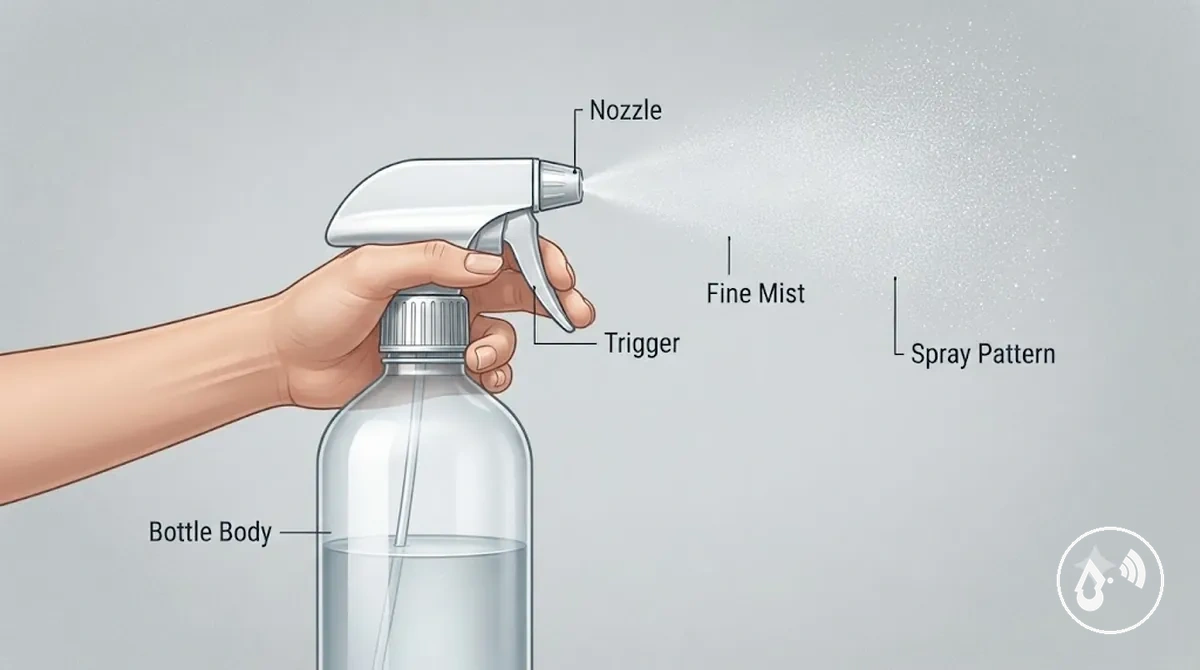 Frasco com spray contínuo ilustrando as principais características visíveis do tipo de frasco