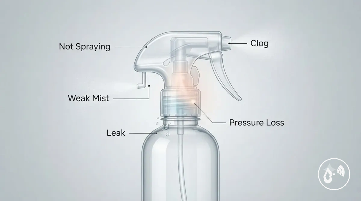 Sintomas de frasco com spray contínuo rotulados por problema de pulverização, vazamento e pressão
