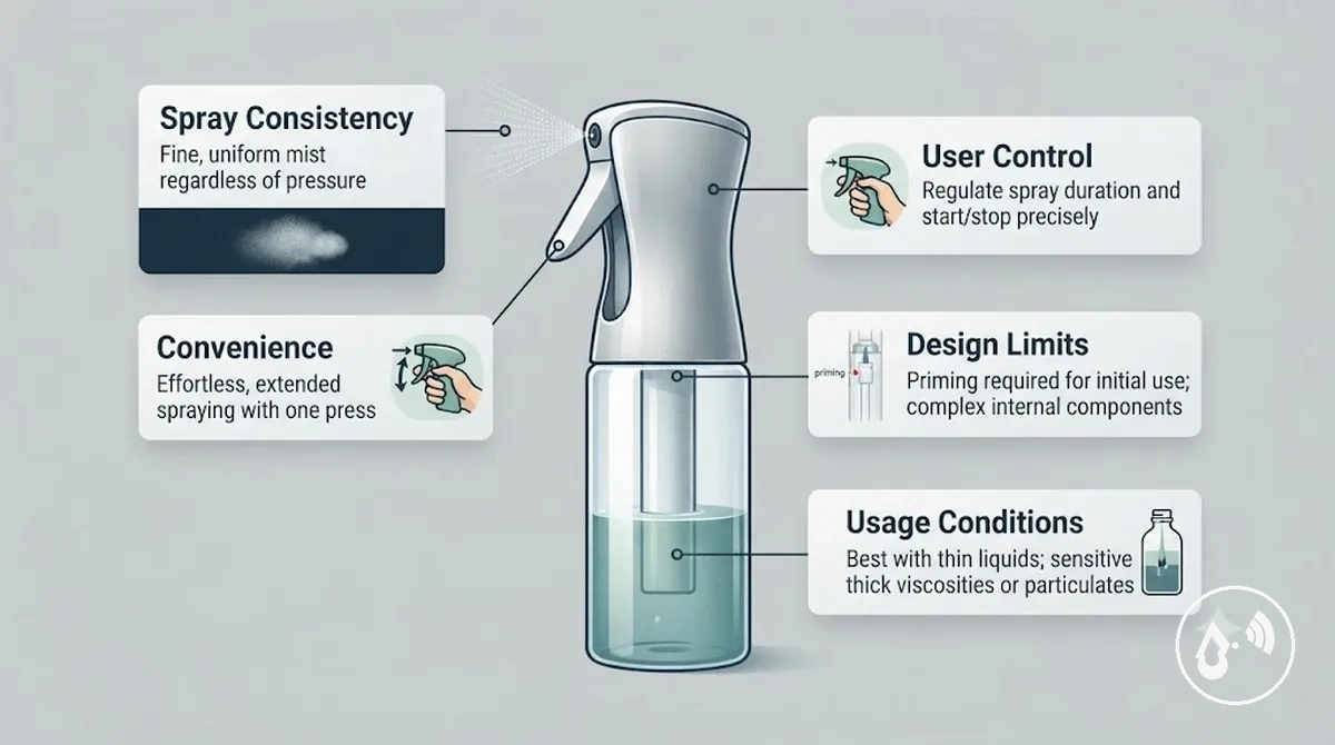 Comparação de vantagens e limitações do frasco com spray contínuo