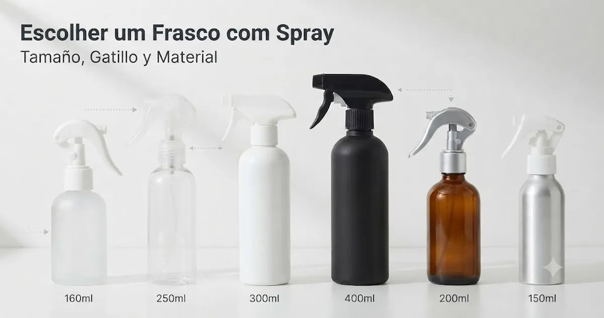 Vários frascos com spray contínuo comparados por tamanho, formato do gatilho e material