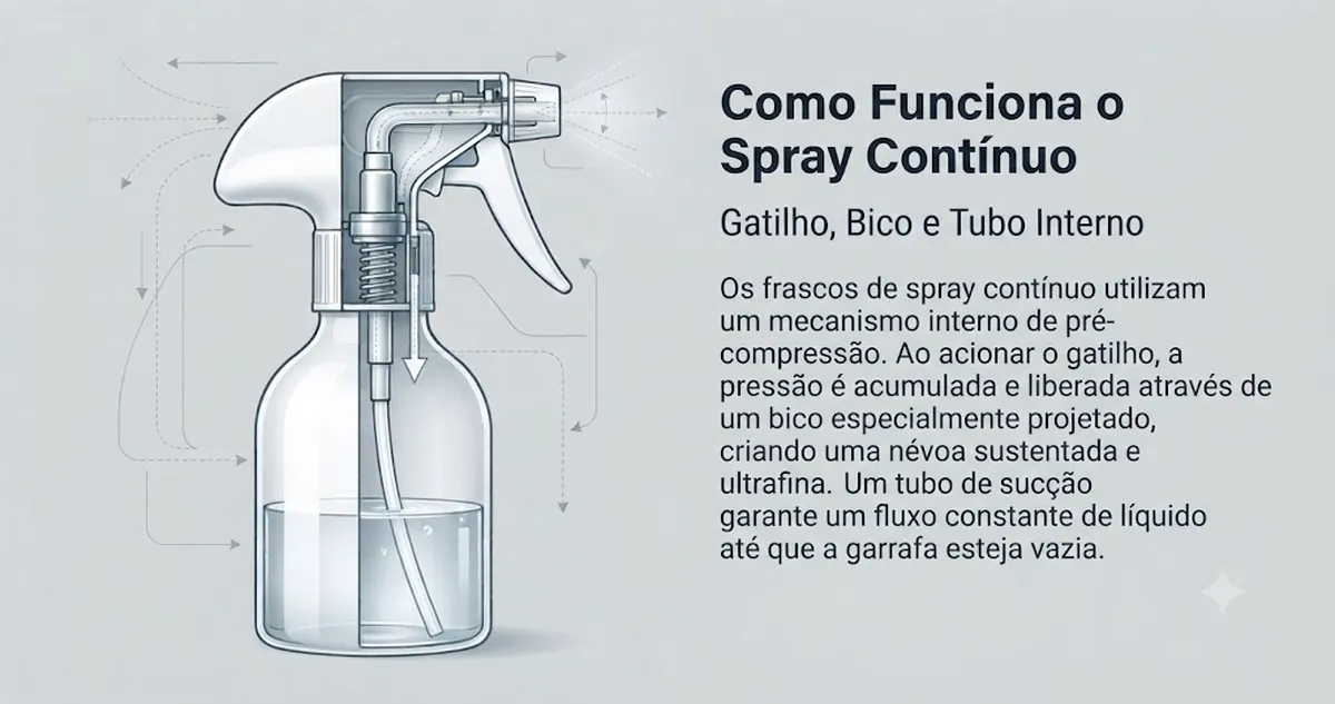 Vista interna do gatilho, bico e tubo de sucção de um frasco com spray contínuo