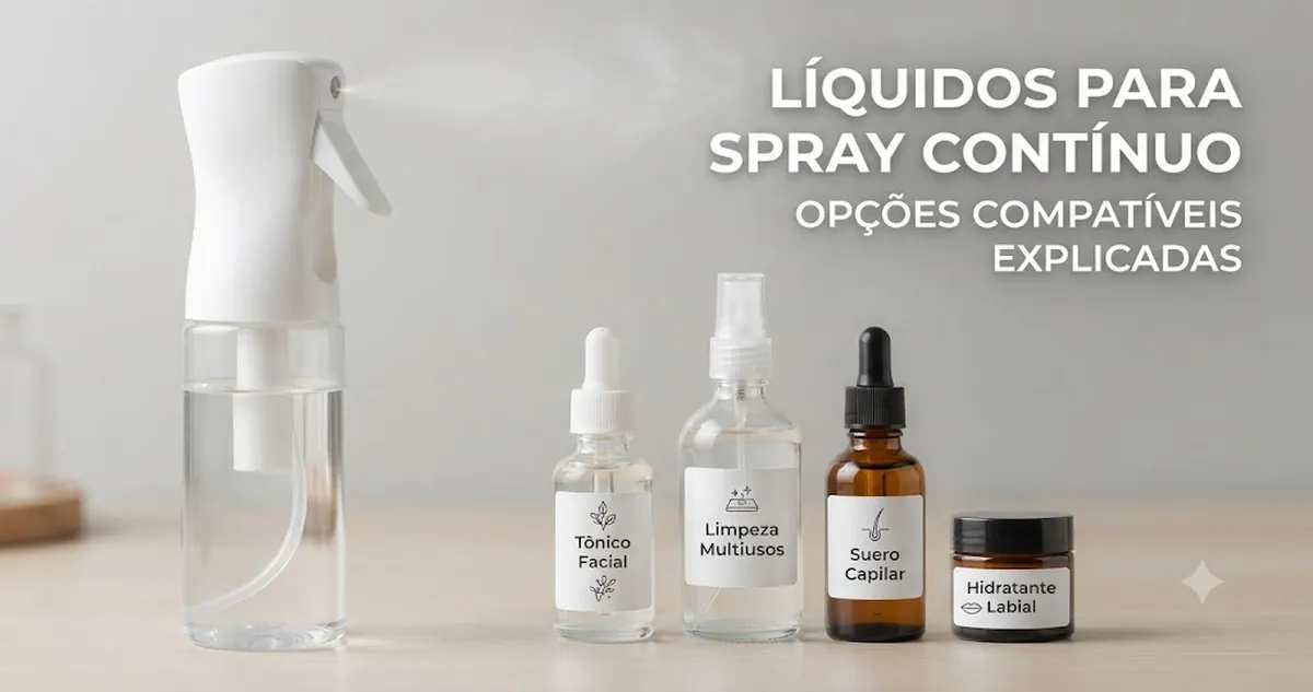 Frasco com spray contínuo ao lado de recipientes identificados com líquidos compatíveis