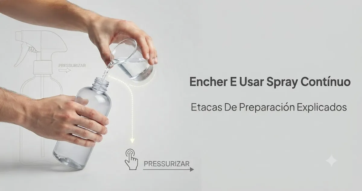 Mãos enchendo e pressurizando um frasco com spray contínuo antes do uso