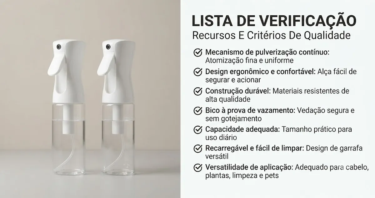 Frascos com spray contínuo ao lado de uma lista de recursos e critérios de qualidade