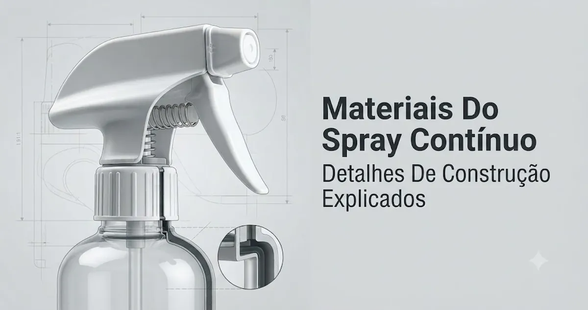 Detalhe dos materiais, vedações, gatilho e paredes de um frasco com spray contínuo