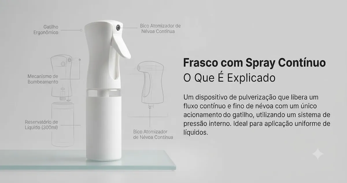 Frasco com spray contínuo mostrando corpo, gatilho e bico de névoa fina