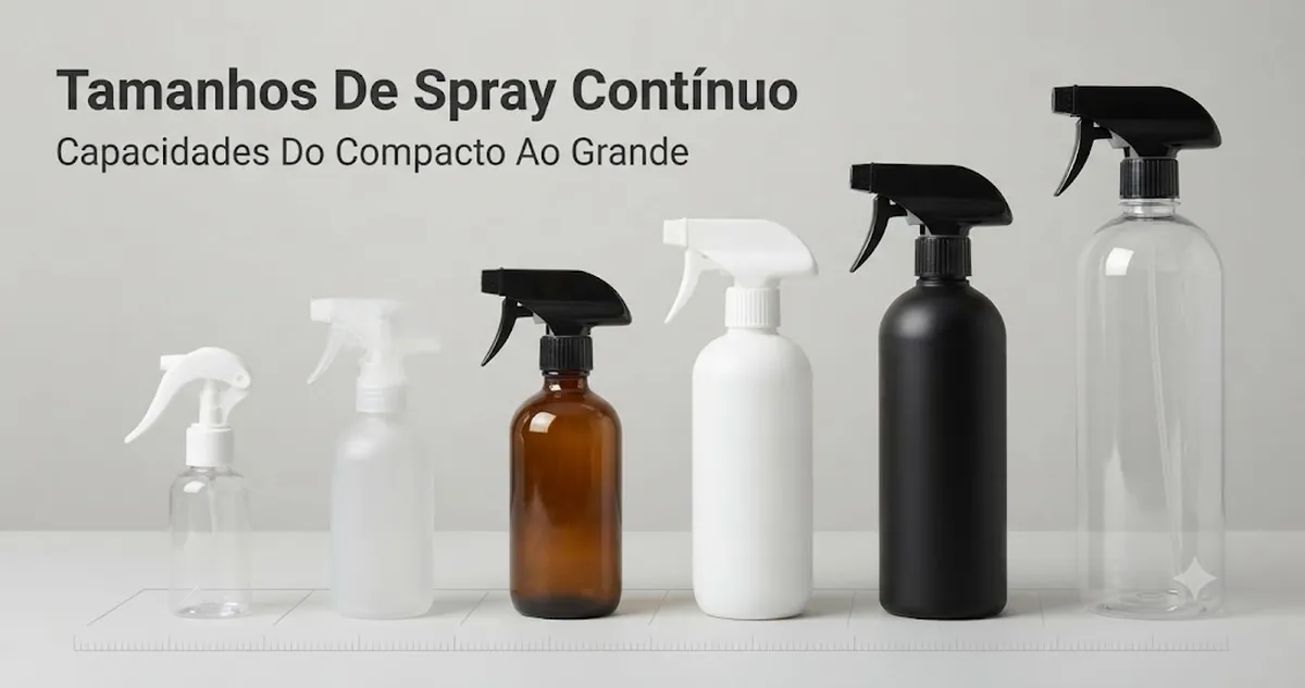 Frascos com spray contínuo organizados do formato compacto ao de maior capacidade