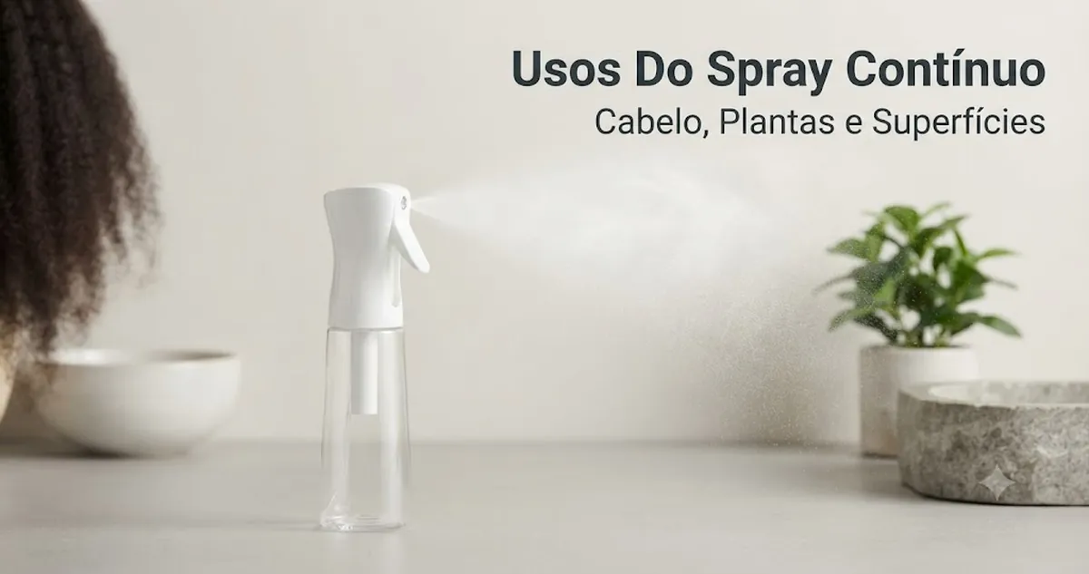 Frasco com spray contínuo usado no cabelo, em plantas e em superfícies domésticas