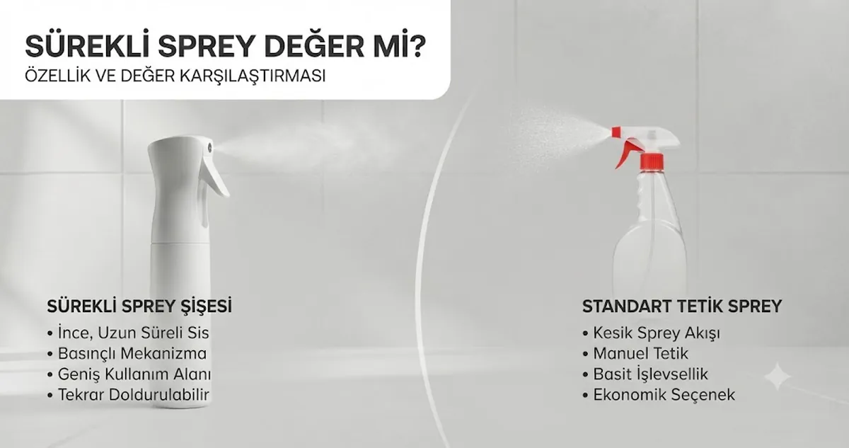 Dayanıklı sürekli püskürtmeli sprey şişesi ile temel bir normal sprey şişesinin karşılaştırması